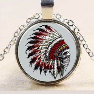 Skull & Feather Headdress Silver & Glass Necklace